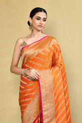 Orange Banarasi Handloom Saree With contemporary adda stripe pattern Design